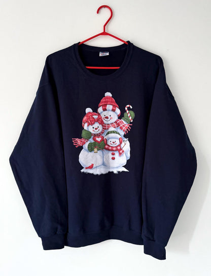 90s vintage blue holiday snowman winter graphic pullover sweatshirt – large