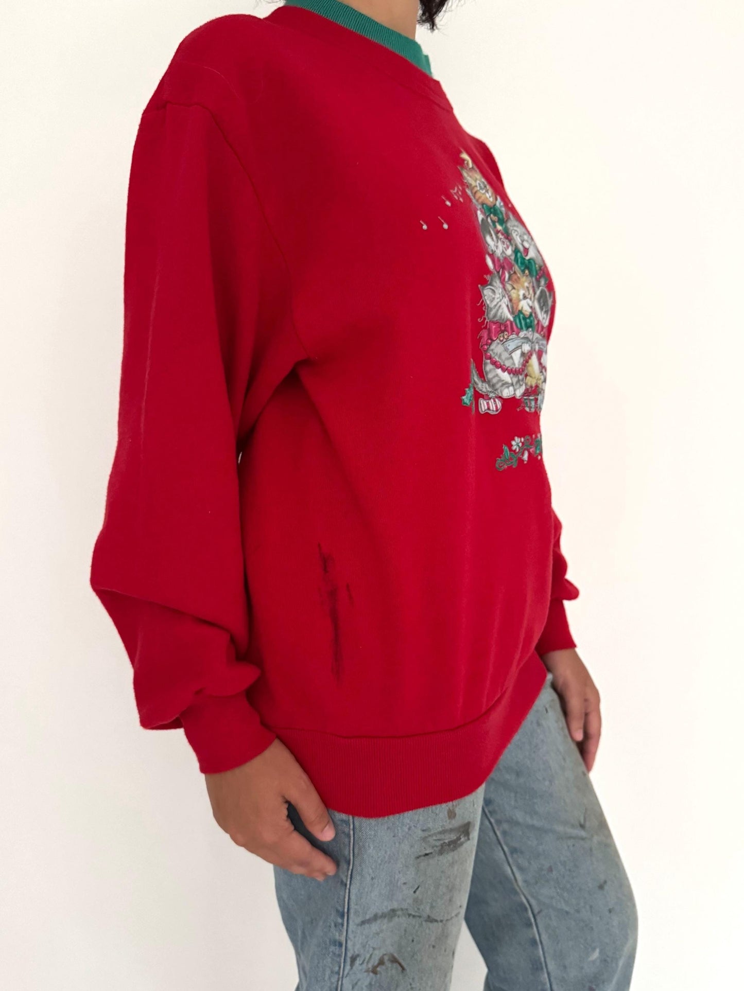 90s vintage red kittens cat christmas carols graphic pullover sweatshirt – medium