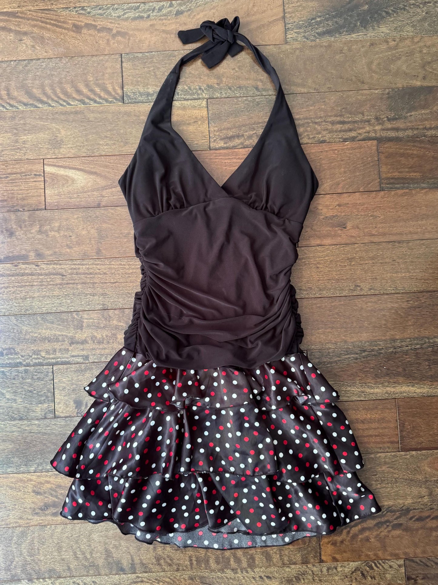 90s vintage black polka dot print short halter party dress – small | ruffled mini skirt cocktail dress