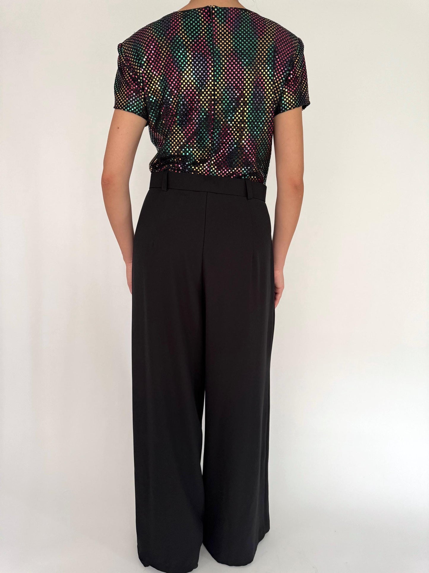 90s vintage black rainbow sequin wide leg palazzo jumpsuit 