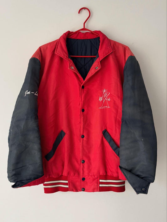 90s vintage red blue spellout puffy bomber jacket
