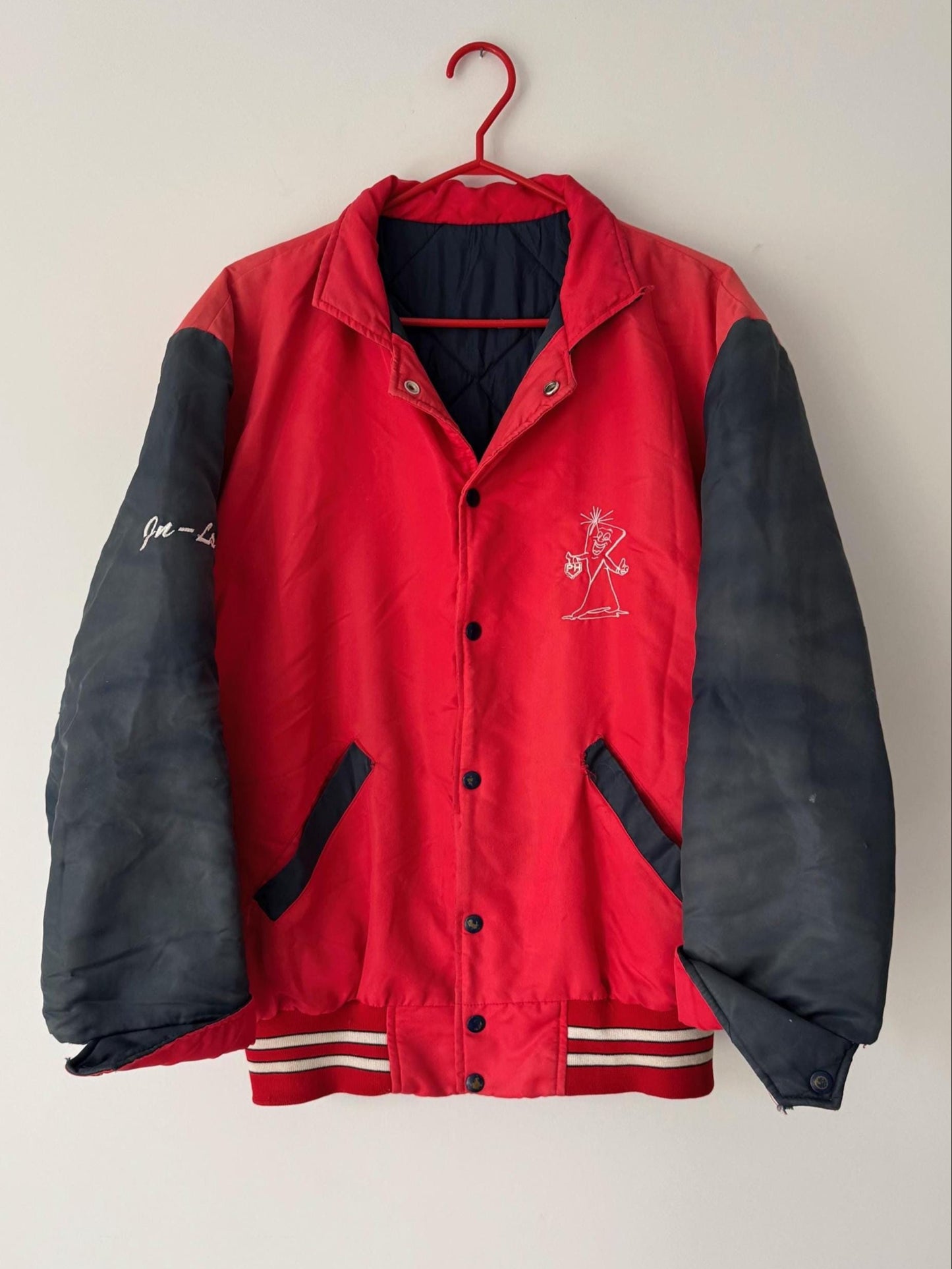 90s vintage red blue spellout puffy bomber jacket
