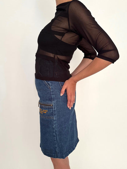 90s vintage black sheer mesh see through blouse – small | grunge rave club kid party mesh high neck shirt
