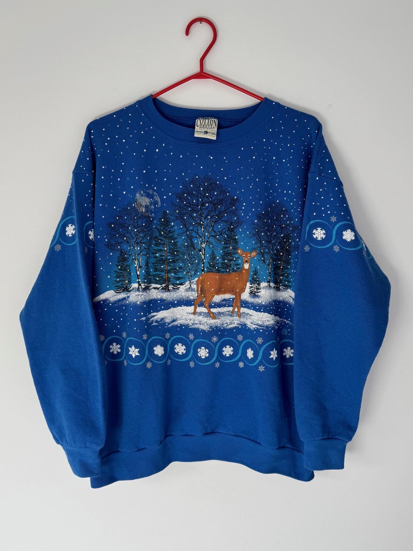 90s vintage blue animal deer nature graphic made in USA pullover sweater – large