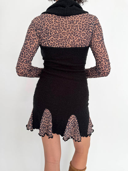 y2k vintage black leopard animal print fairy grunge short mini dress – small | zone bleue made France whimsigoth fairycore knit mesh dress