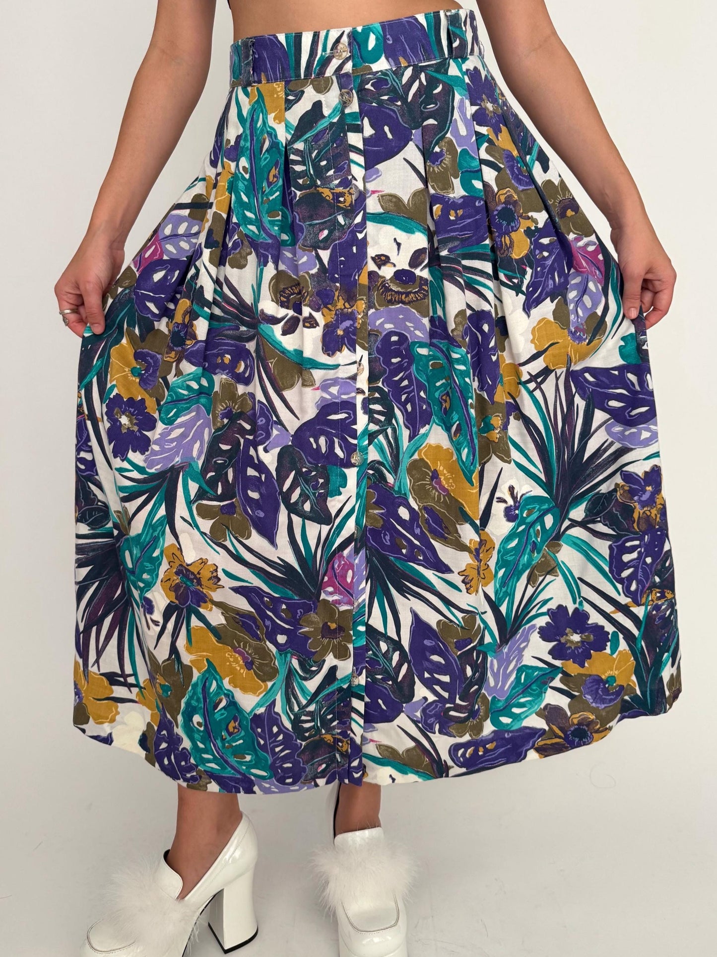 90s vintage multicolor floral botanical print pleated maxi skirt