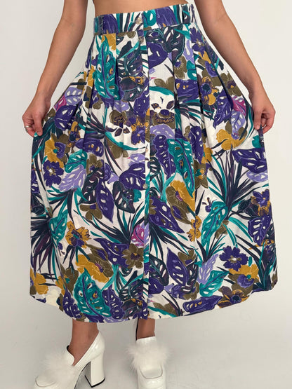 90s vintage multicolor floral botanical print pleated maxi skirt