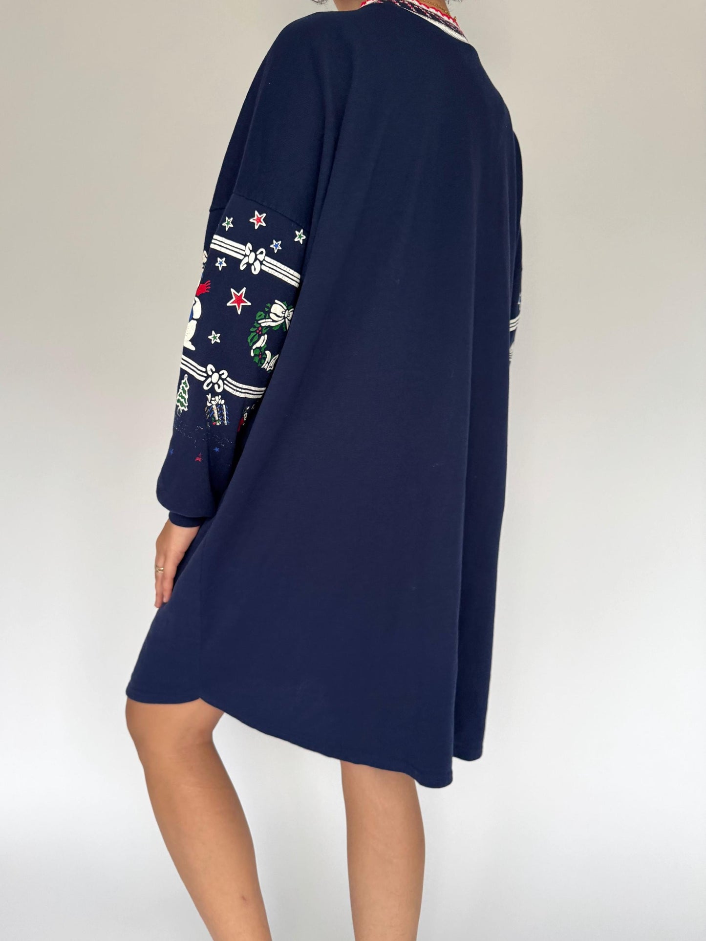90s vintage navy blue holiday christmas graphic long sleeved pajama dress – large