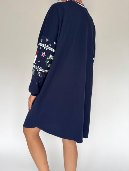 90s vintage navy blue holiday christmas graphic long sleeved pajama dress – large