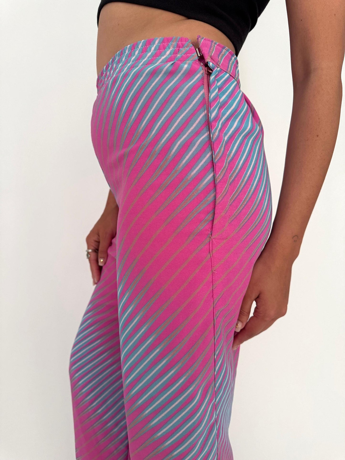 vintage pink psychedelic abstract print wide leg pants – medium | surrealist novelty high rise trousers