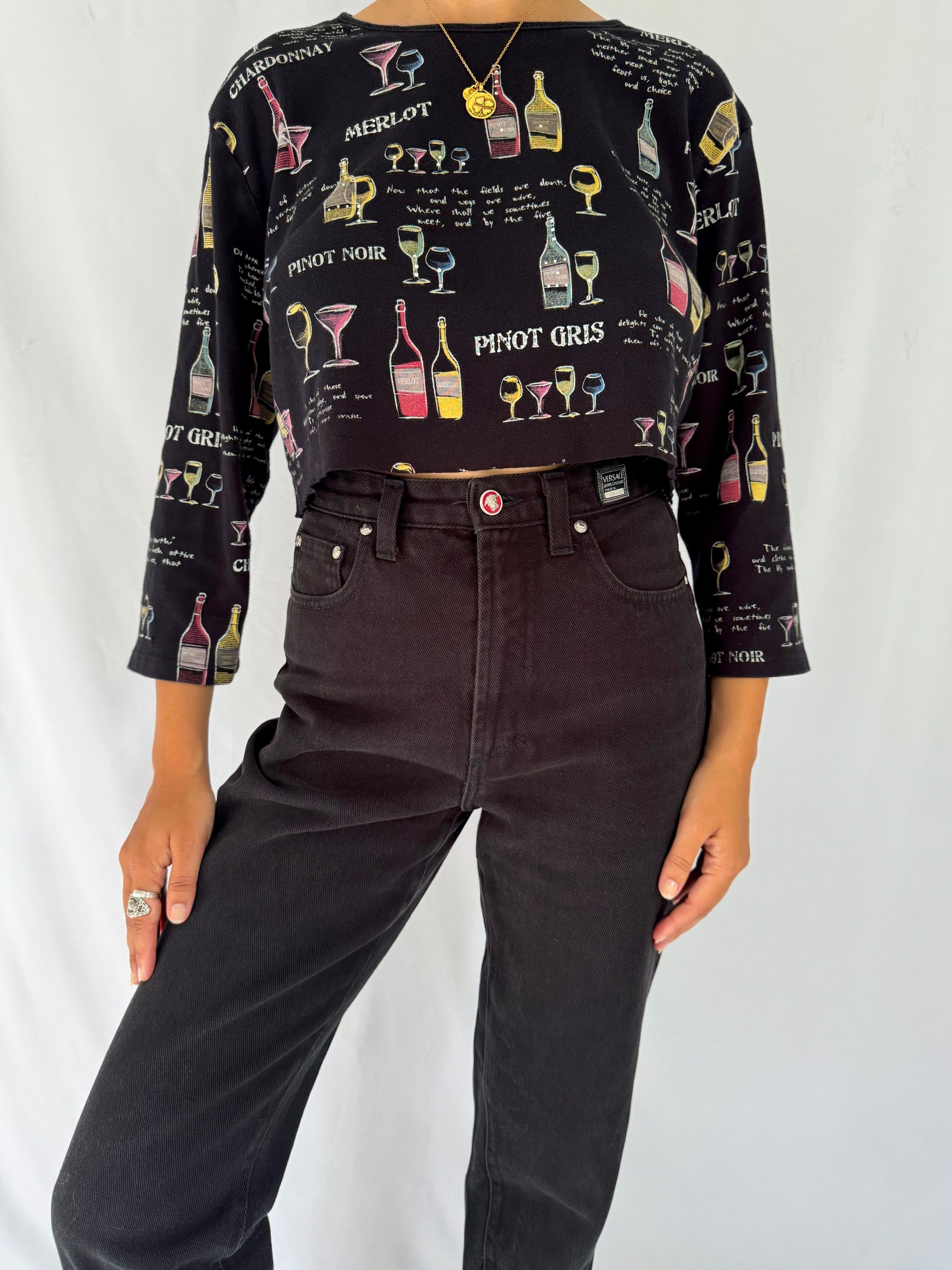 90s vintage black colorful wine lover graphic cropped shirt