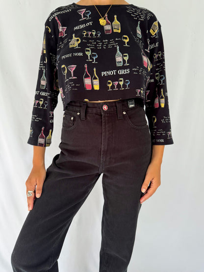 90s vintage black colorful wine lover graphic cropped shirt