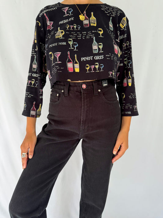 90s vintage black colorful wine lover graphic cropped shirt – medium | novelty print cotton crop top