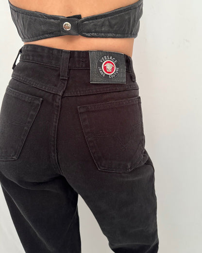 90s vintage versace jeans couture black denim jeans – 26” waist | classic high waist rise tapered mom pants