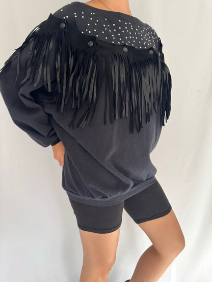 90s vintage black western suede fringe sweatshirt – medium, large | unisex funky retro embellished crewneck sweater