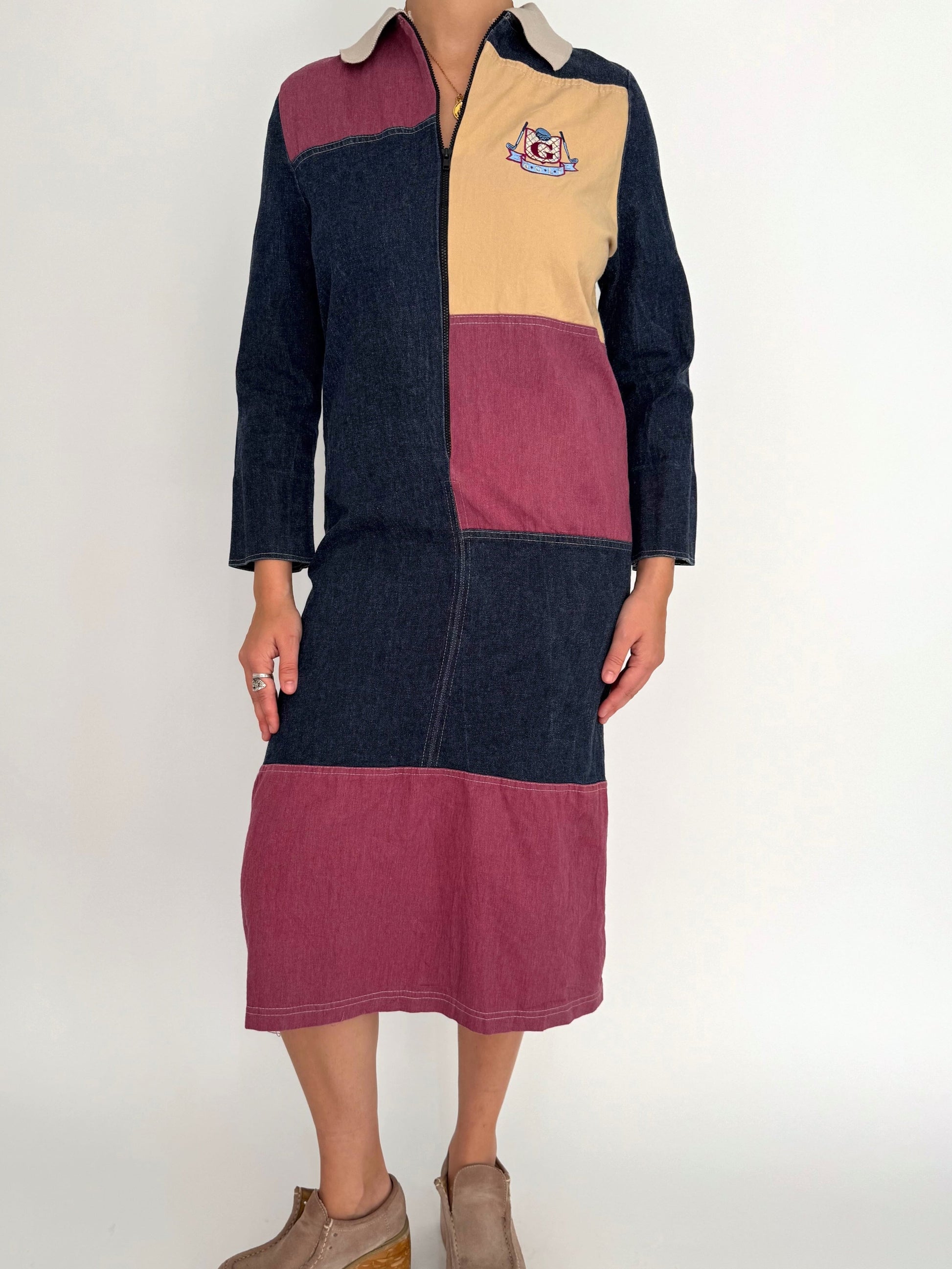 90s vintage multicolor denim patchwork midi dress 