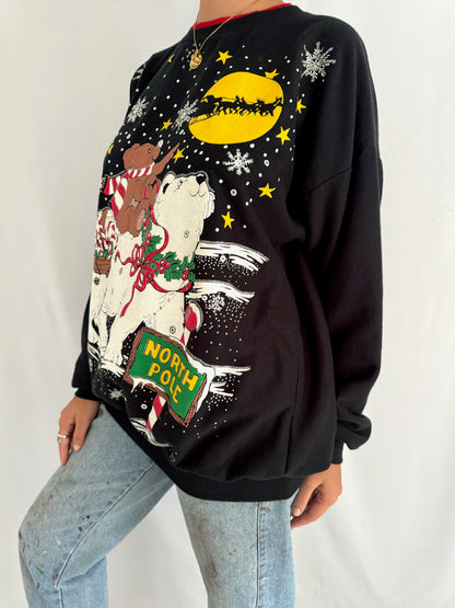 80s vintage black christmas scene teddy bear graphic pullover sweater – large | festive winter holiday santa snowy outdoor collared jumper