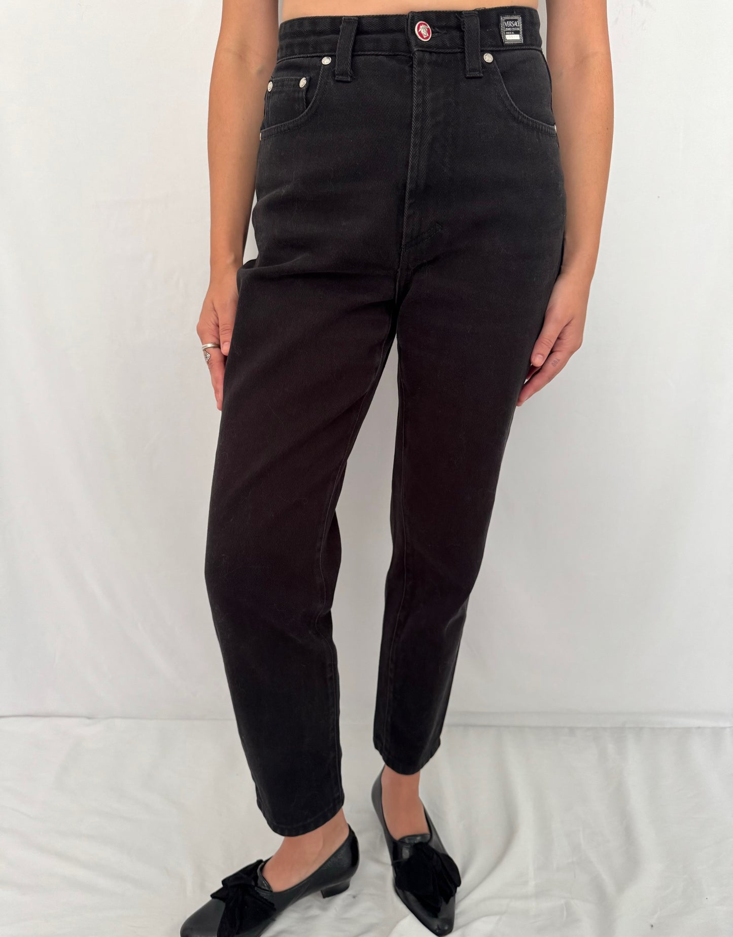 90s vintage versace jeans couture black denim jeans – 26” waist | classic high waist rise tapered mom pants