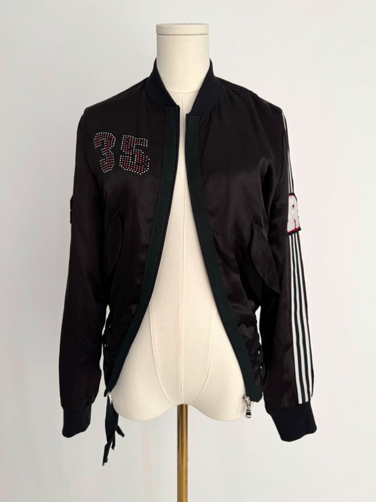 90s vintage black embellished silky zip up bomber jacket
