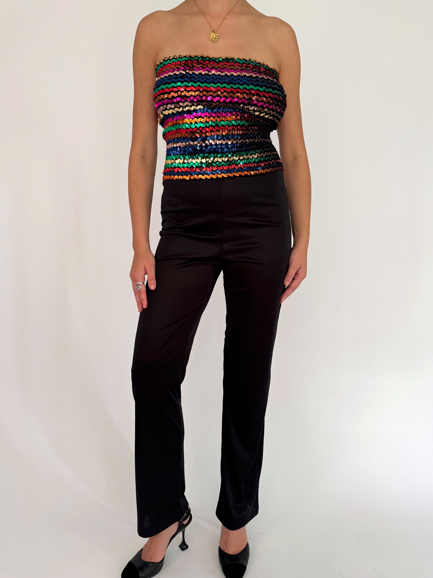 70s vintage black rainbow sequin disco strapless jumpsuit