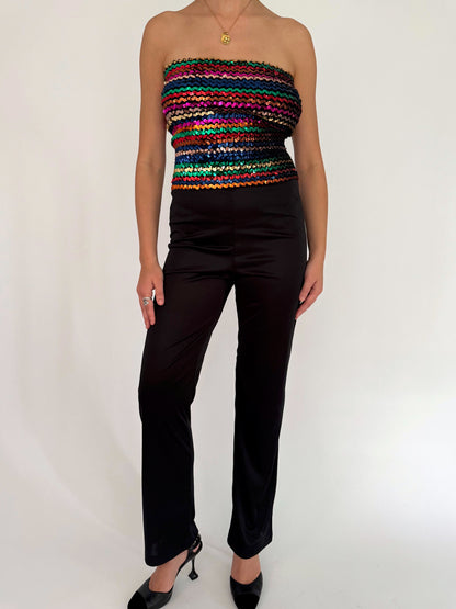 70s vintage black rainbow sequin disco strapless jumpsuit