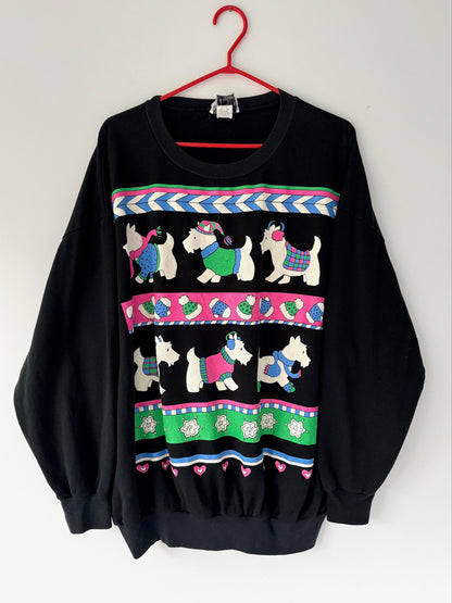 80s vintage black scottish terrier dog winter graphic pullover sweatshirt – extra large 2XL 3XL
