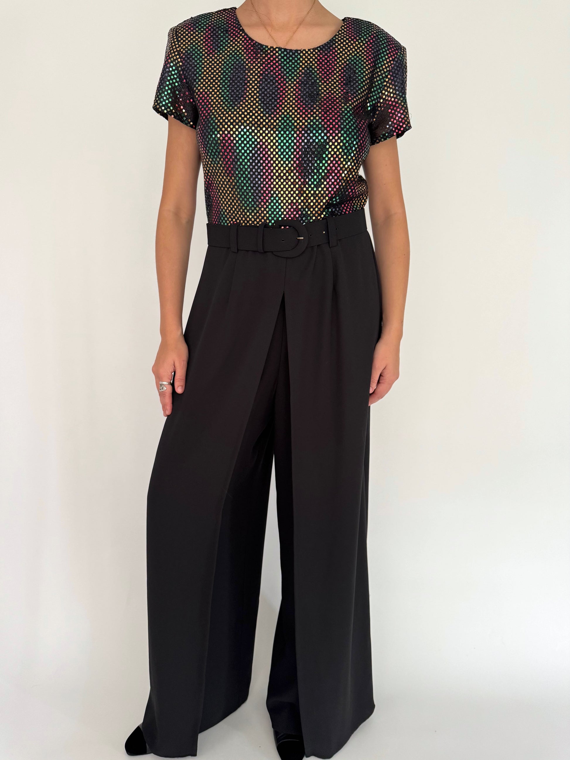 90s vintage black rainbow sequin wide leg palazzo jumpsuit 