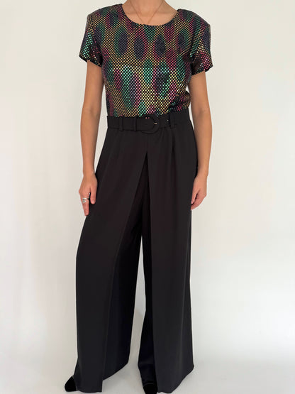 90s vintage black rainbow sequin wide leg palazzo jumpsuit 