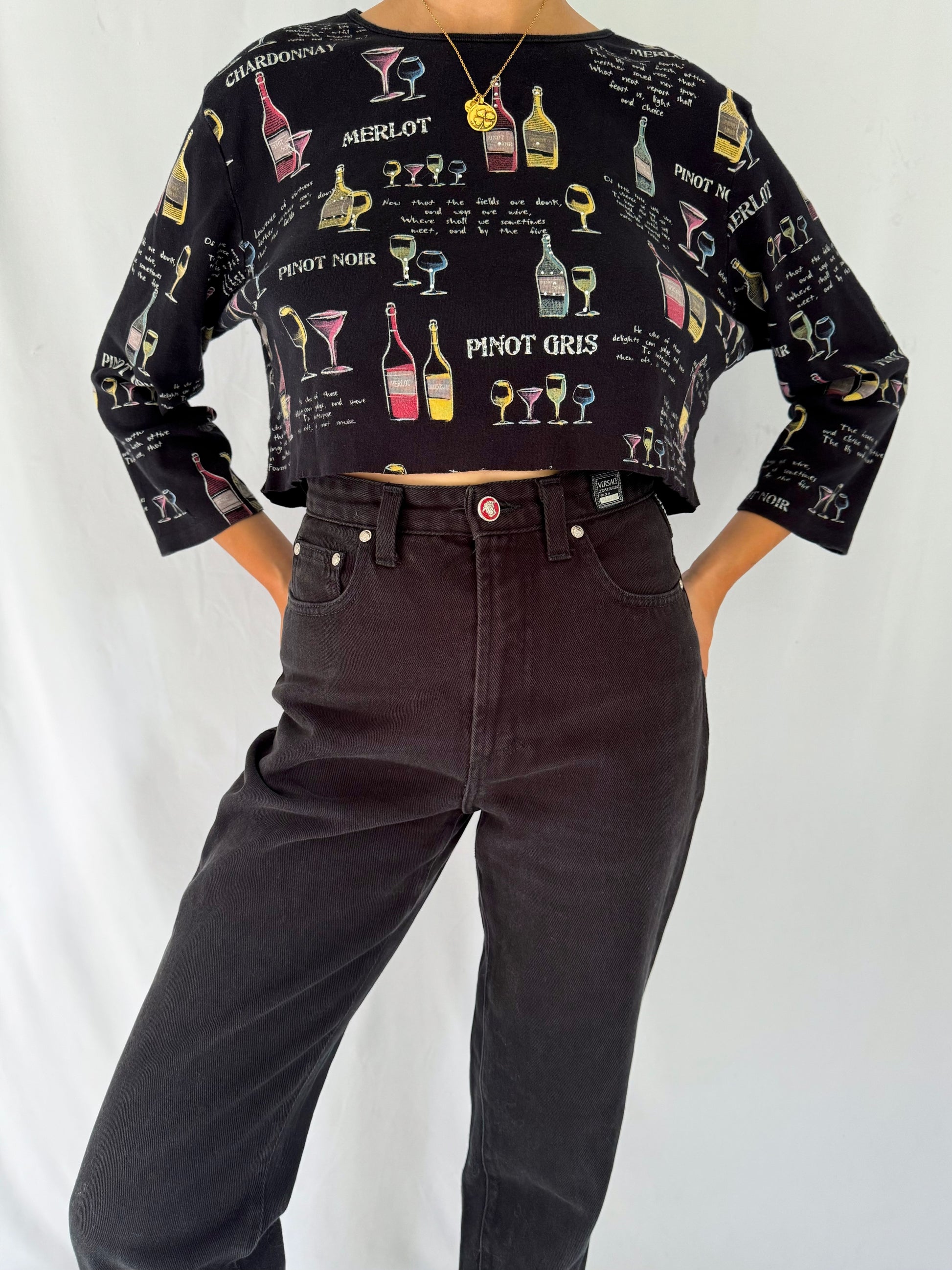 90s vintage black colorful wine lover graphic cropped shirt