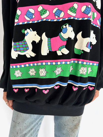 80s vintage black scottish terrier dog winter graphic pullover sweatshirt – extra large 2XL 3XL