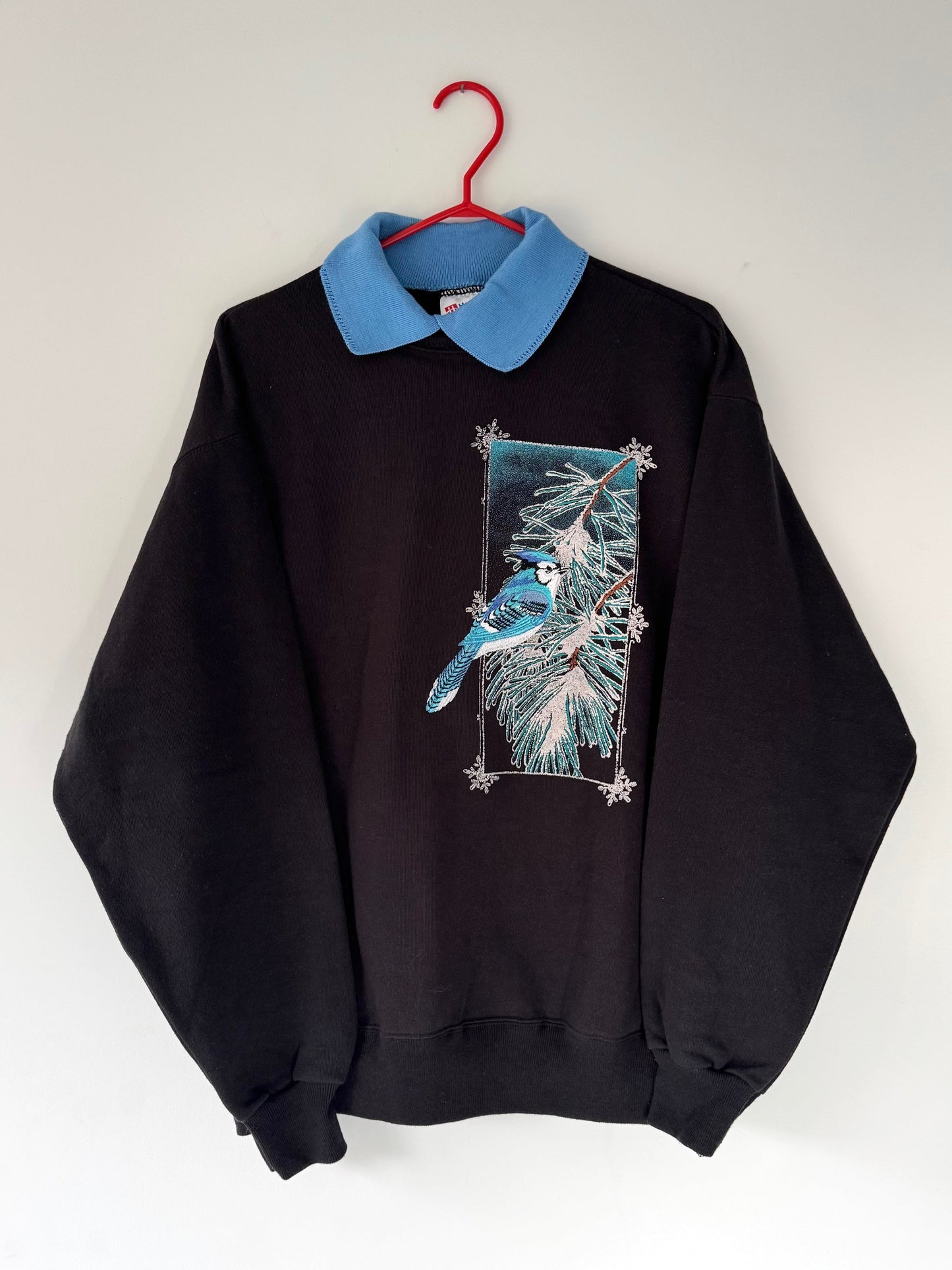 90s vintage blue jay bird nature graphic pullover sweatshirt – large