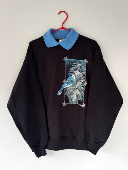 90s vintage blue jay bird nature graphic pullover sweatshirt – large