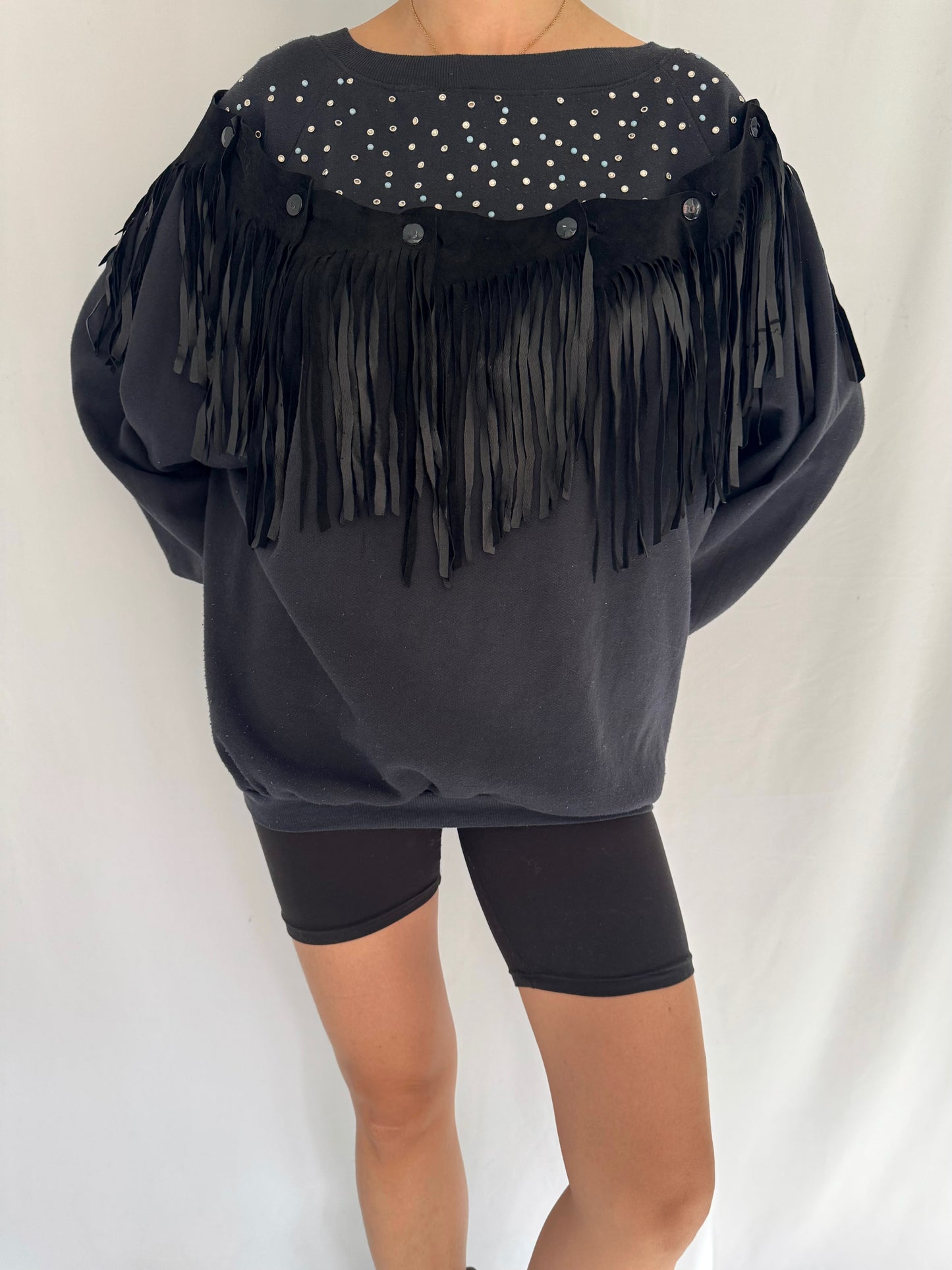 90s vintage black western suede fringe sweatshirt – medium, large | unisex funky retro embellished crewneck sweater