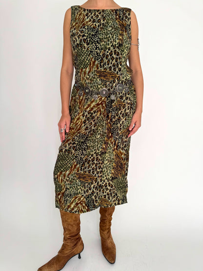 90s vintage green animal print fairy grunge sleeveless midi maxi shift dress – medium large | fairycore boho earthy patchwork long sundress