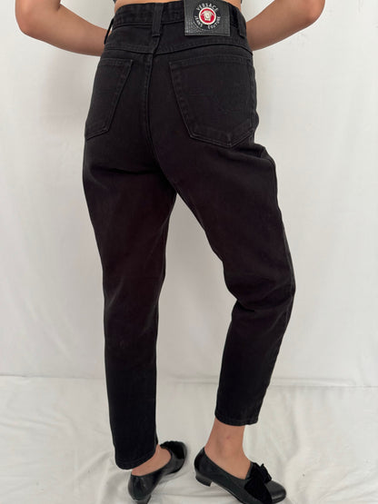 90s vintage versace jeans couture black denim jeans – 26” waist | classic high waist rise tapered mom pants