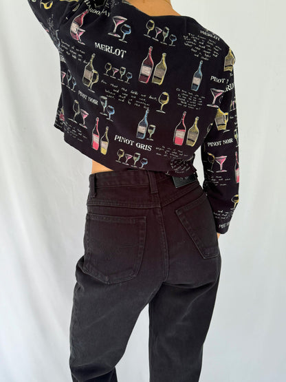 90s vintage black colorful wine lover graphic cropped shirt