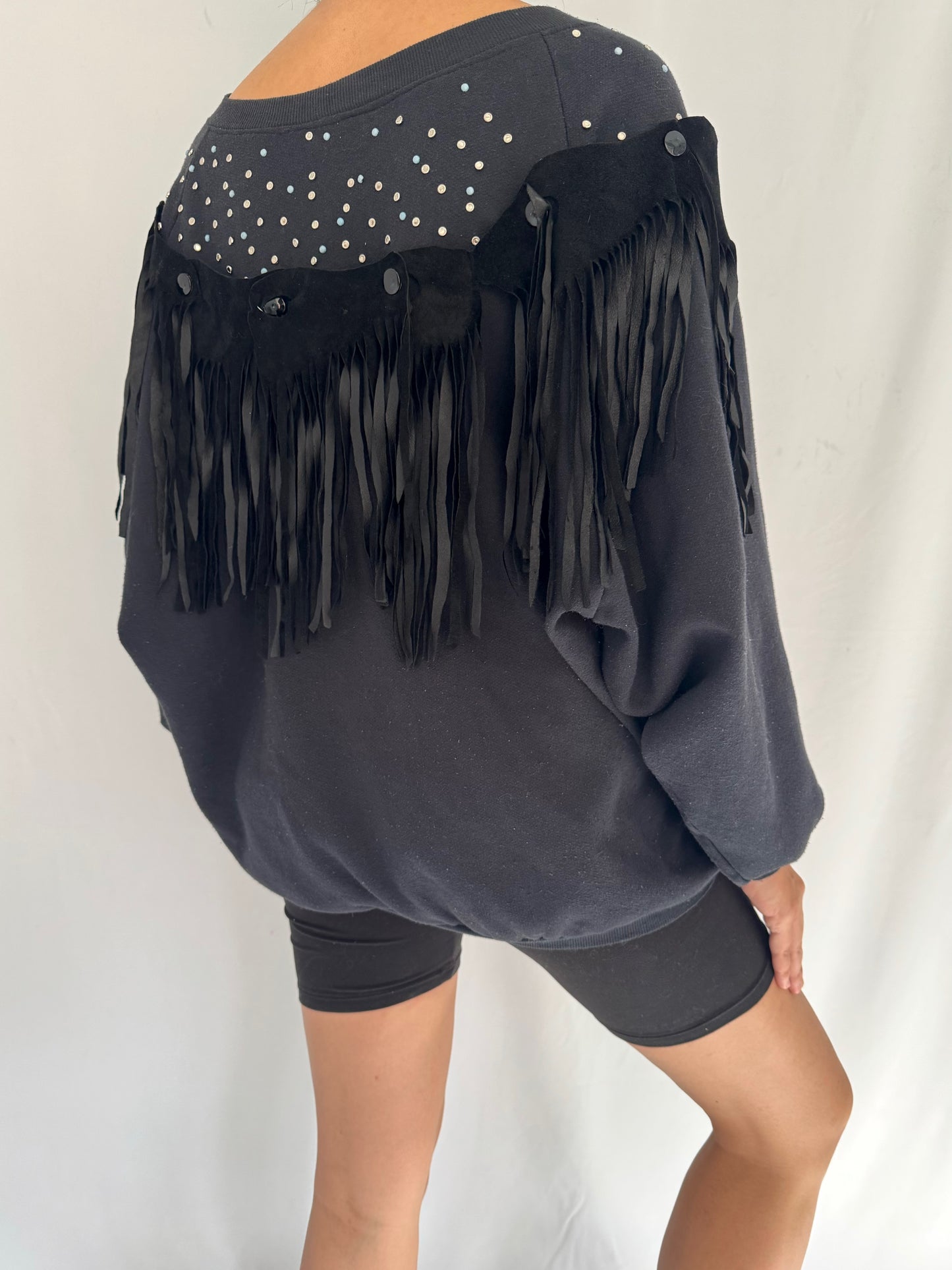 90s vintage black western suede fringe sweatshirt – medium, large | unisex funky retro embellished crewneck sweater