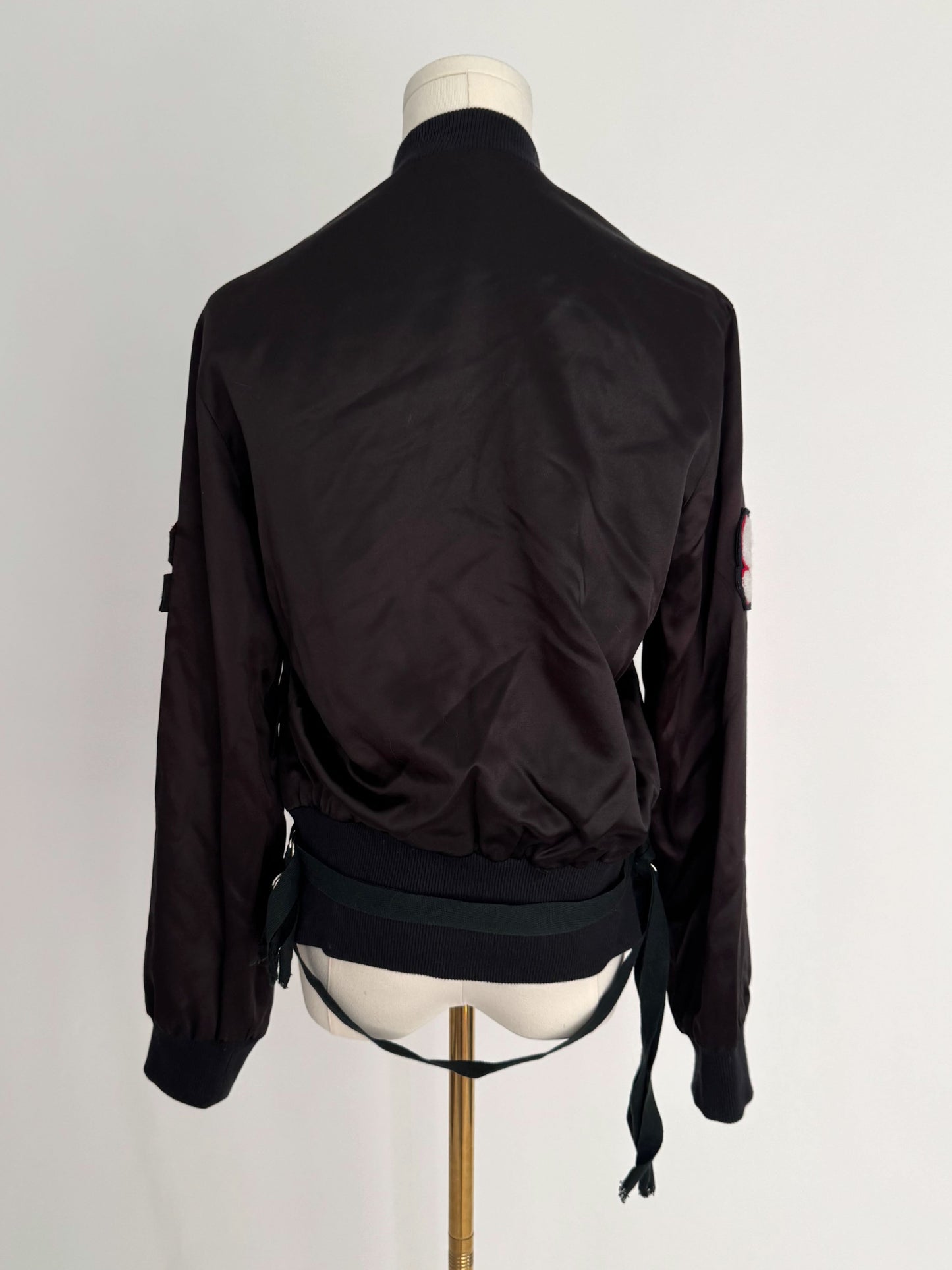 90s vintage black embellished silky zip up bomber jacket