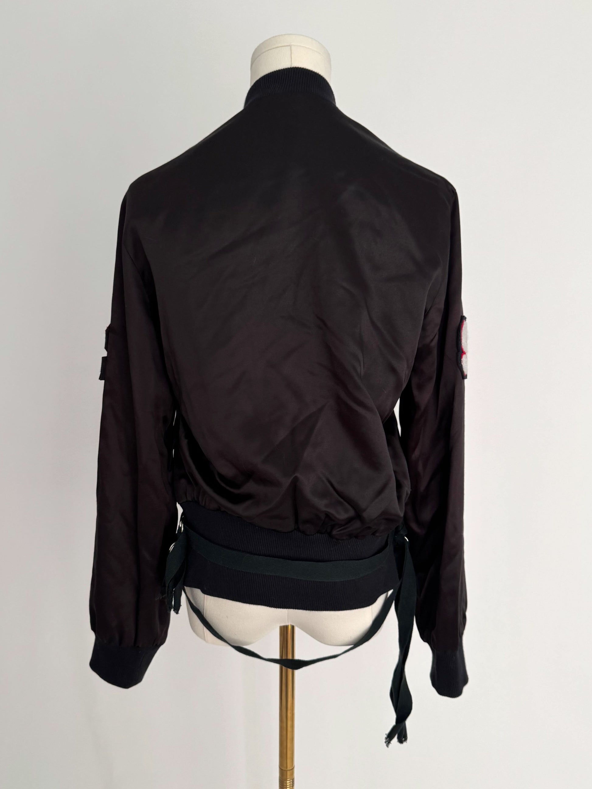 90s vintage black embellished silky zip up bomber jacket
