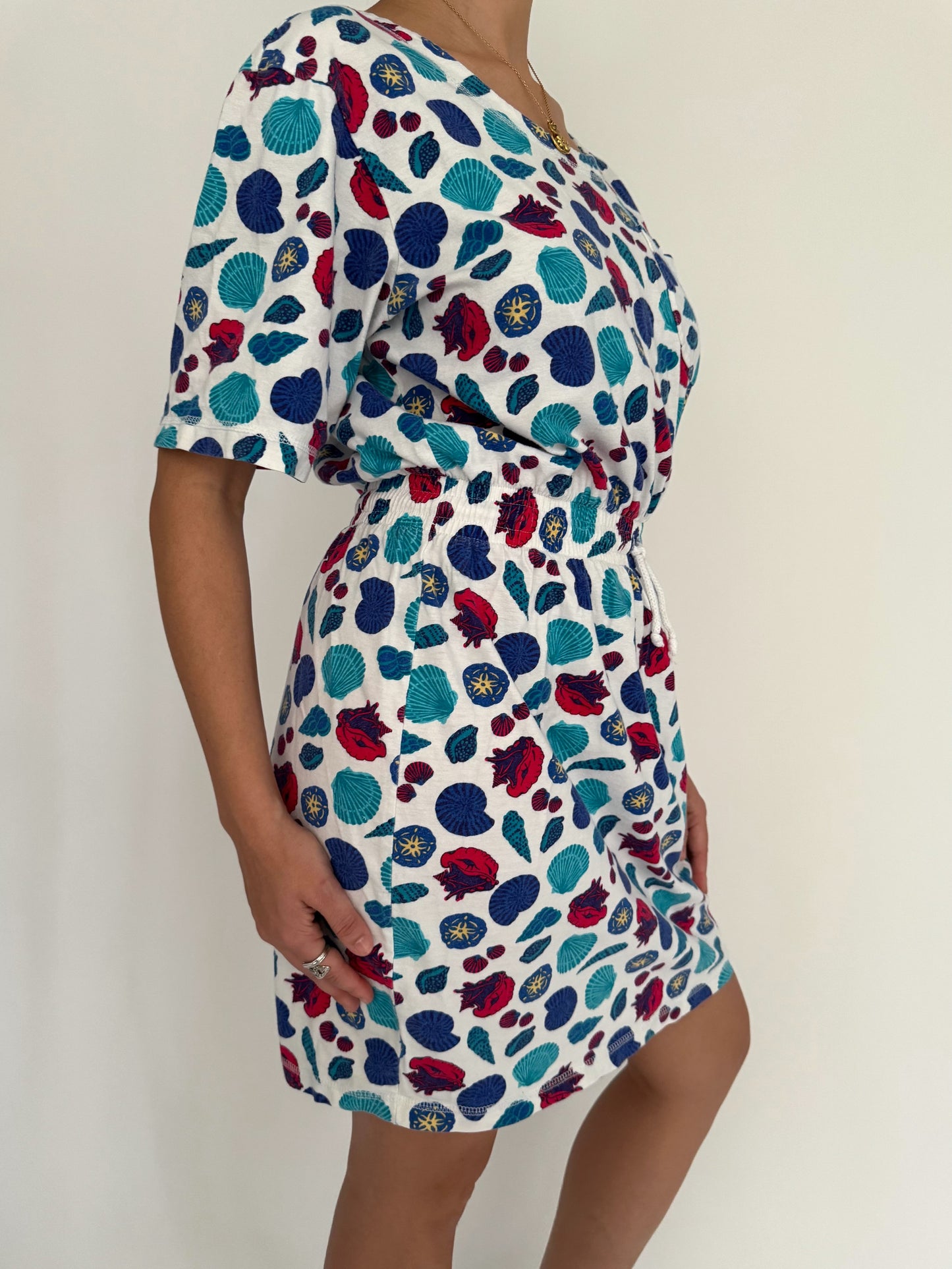90s vintage novelty seashell beach print cotton cover up dress – medium