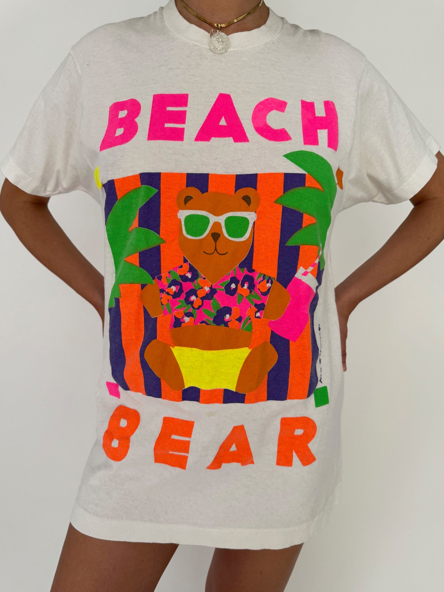 80s vintage colorful neon Beach Bear graphic long tee shirt – small | novelty souvenir cotton top