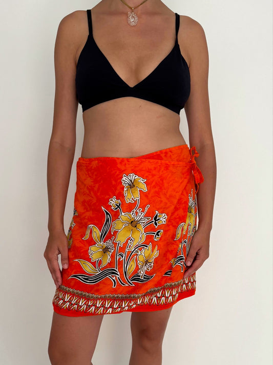 90s vintage orange hawaiian hibiscus print mini wrap skirt – one size | hippy vacation beach cover up