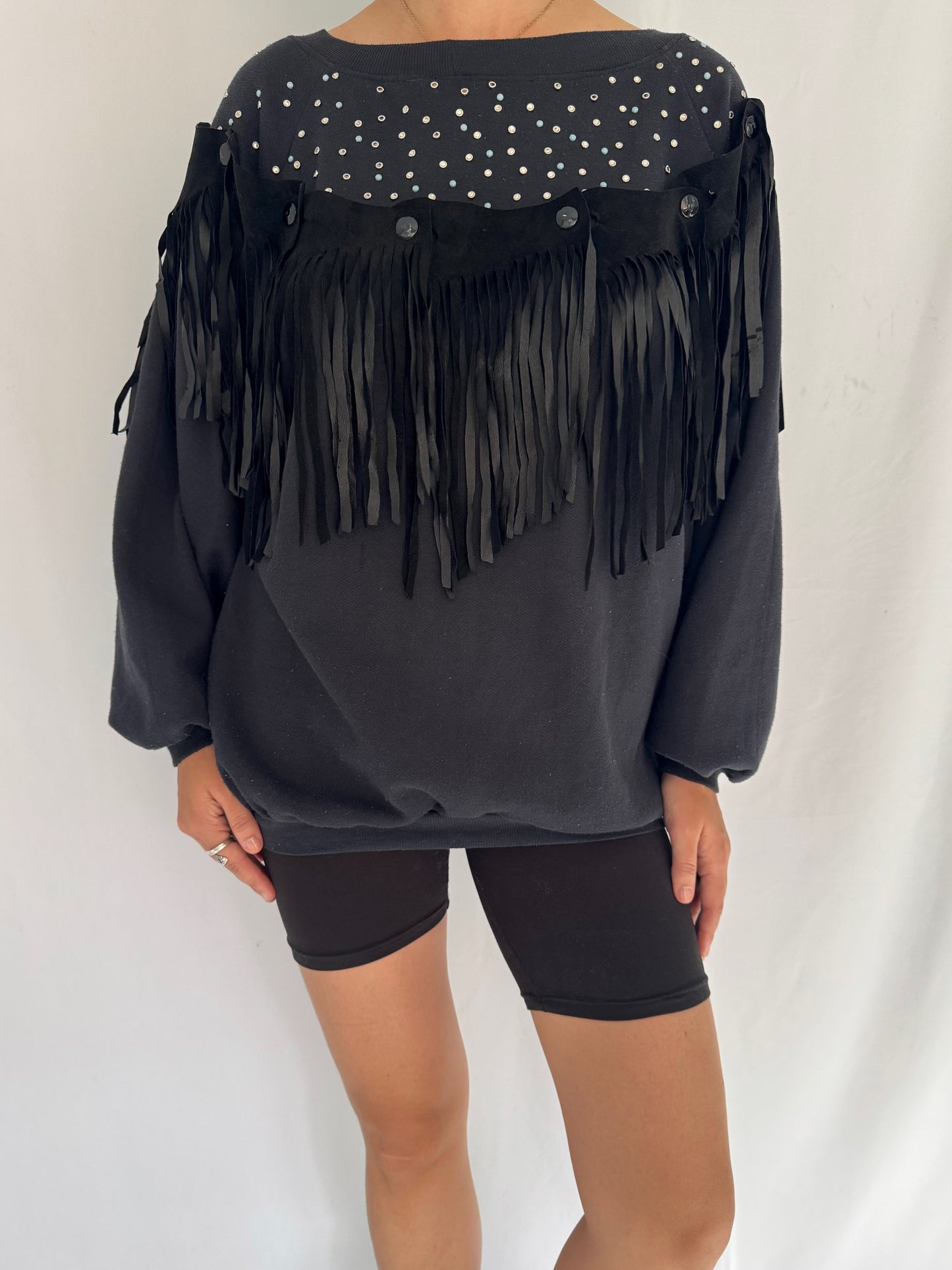 90s vintage black western suede fringe sweatshirt – medium, large | unisex funky retro embellished crewneck sweater