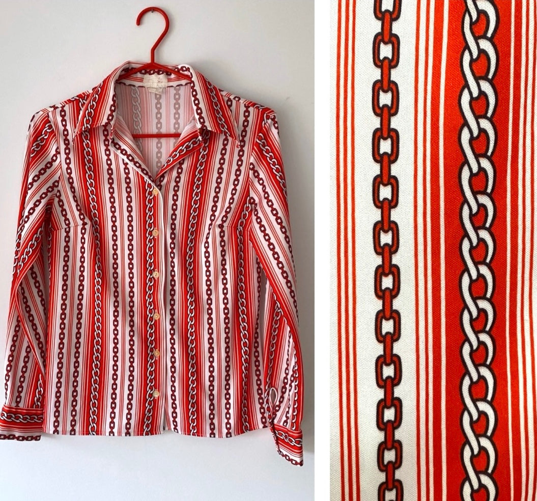 70s vintage red white chain link print long sleeved blouse – small, medium | retro mod collared button up shirt